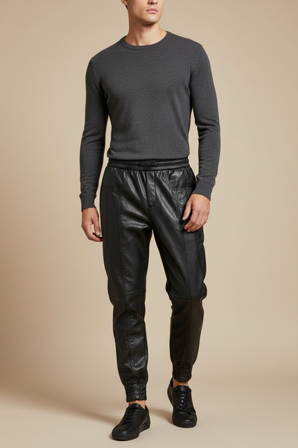 Pantalon Noir Cuir Faux Jogger Homme Streetwear - Simili cuir