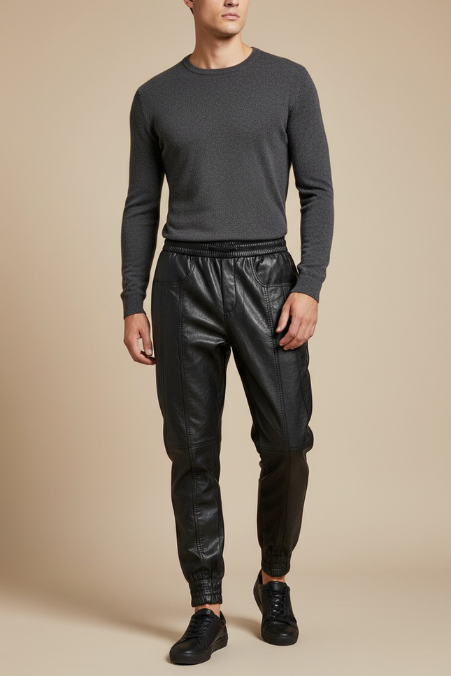 Pantalon Noir Cuir Faux Jogger Homme Streetwear - Simili cuir
