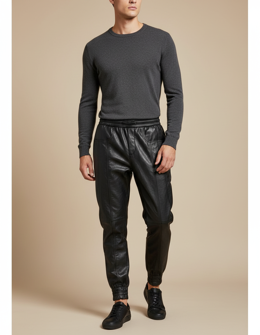 Pantalon Noir Cuir Faux Jogger Homme Streetwear - Simili cuir