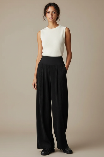 Pantalon Noir Ample Plissé Taille Haute Femme - Polyester