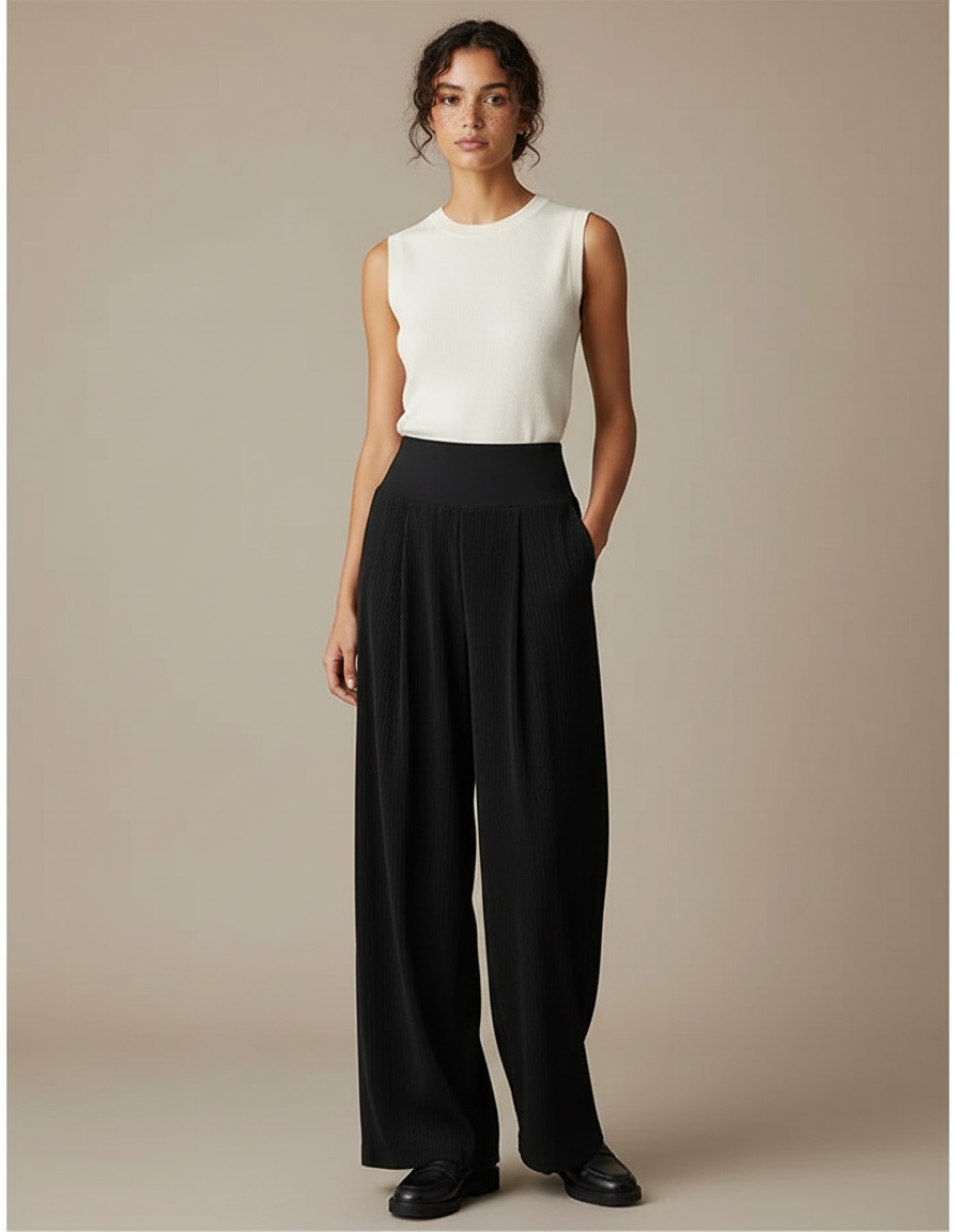 Pantalon Noir Ample Plissé Taille Haute Femme - Polyester