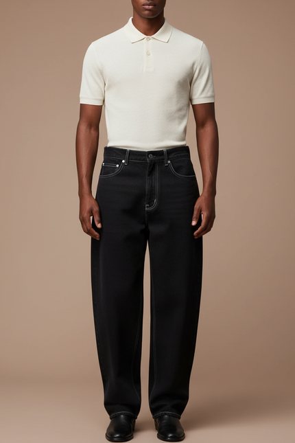 Pantalon Noir Large Décontracté Coutures Contrastées Homme - Jean