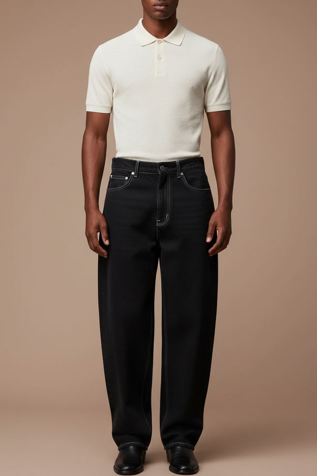 Pantalon Noir Large Décontracté Coutures Contrastées Homme - Jean