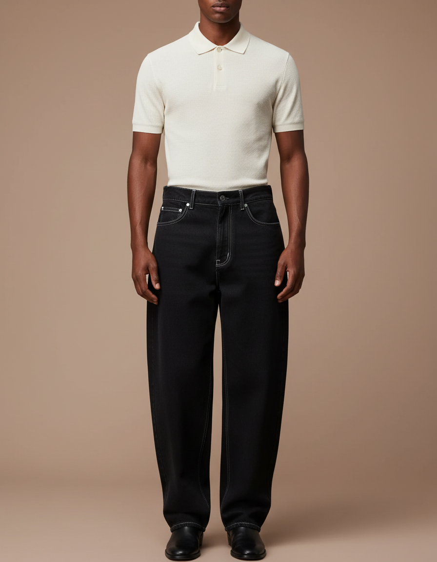 Pantalon Noir Large Décontracté Coutures Contrastées Homme - Jean