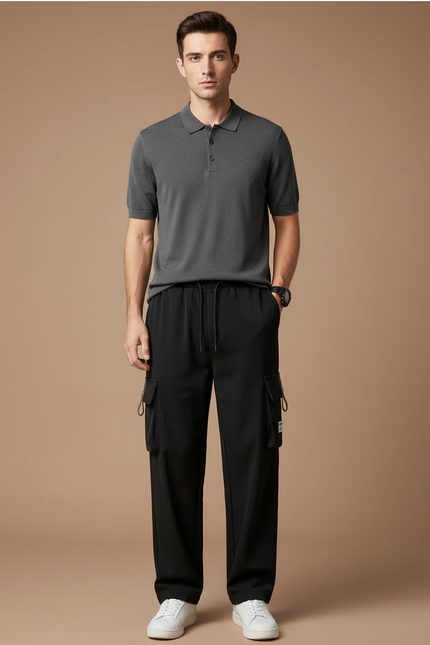 Pantalon Noir Cargo Droit Ample Décontracté Homme - Polyester