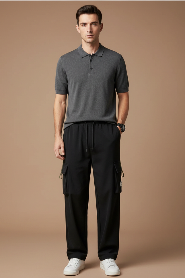Pantalon Noir Cargo Droit Ample Décontracté Homme - Polyester