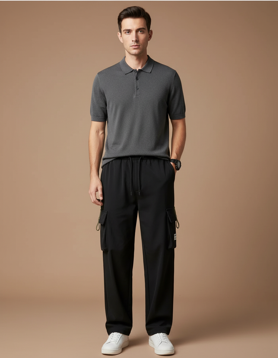 Pantalon Noir Cargo Droit Ample Décontracté Homme - Polyester