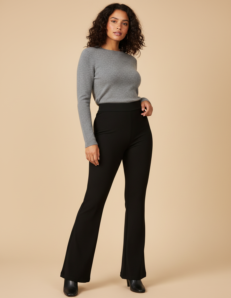 Pantalon Noir Évasé Côtelé Taille Haute Femme - Maille