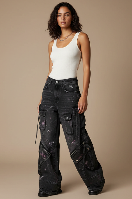 Pantalon Noir Cargo Ample Peinture Streetwear Femme - Jean