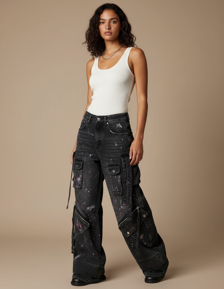 Pantalon Noir Cargo Ample Peinture Streetwear Femme - Jean