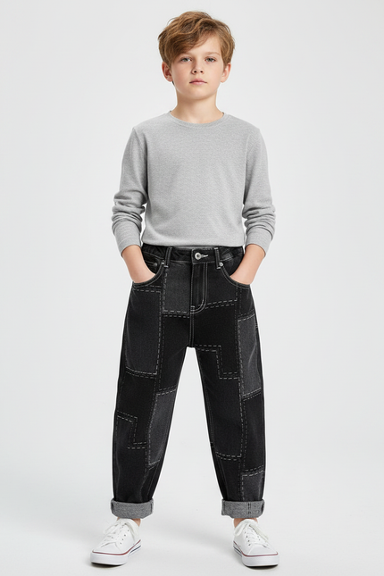 Pantalon Noir Patchwork Ample Garçon Décontracté Denim - Jean
