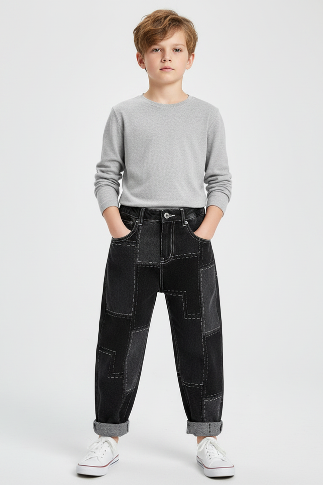 Pantalon Noir Patchwork Ample Garçon Décontracté Denim - Jean