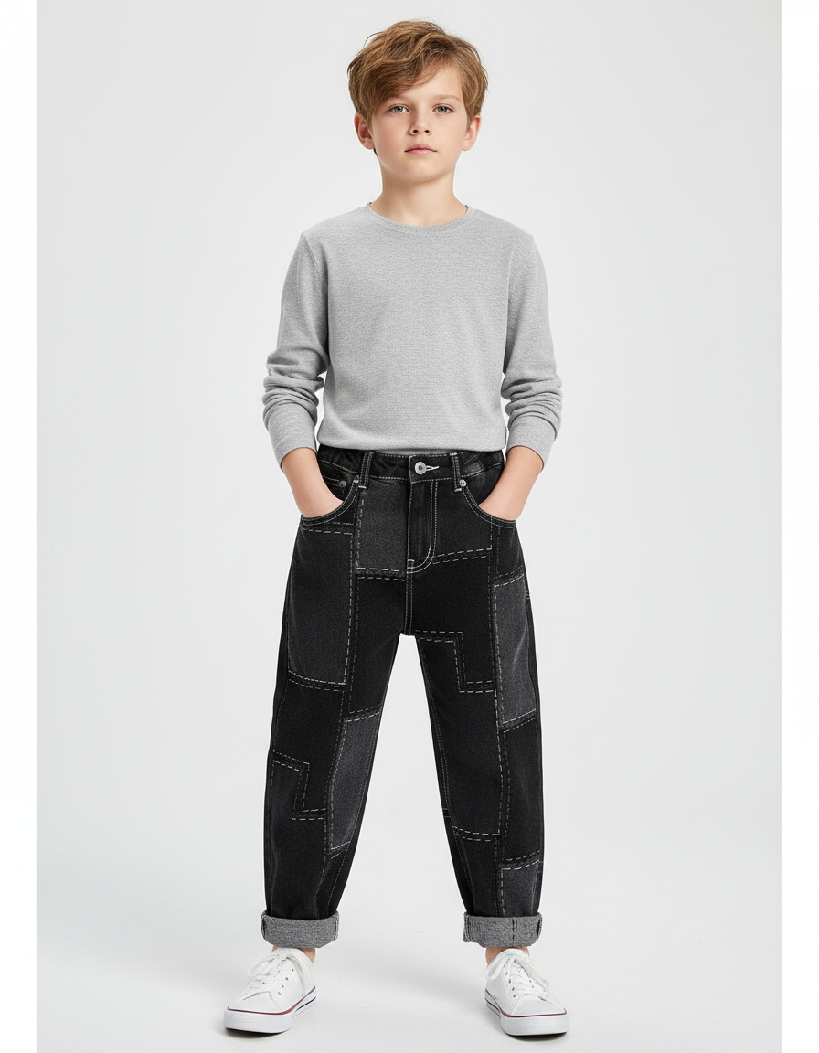 Pantalon Noir Patchwork Ample Garçon Décontracté Denim - Jean