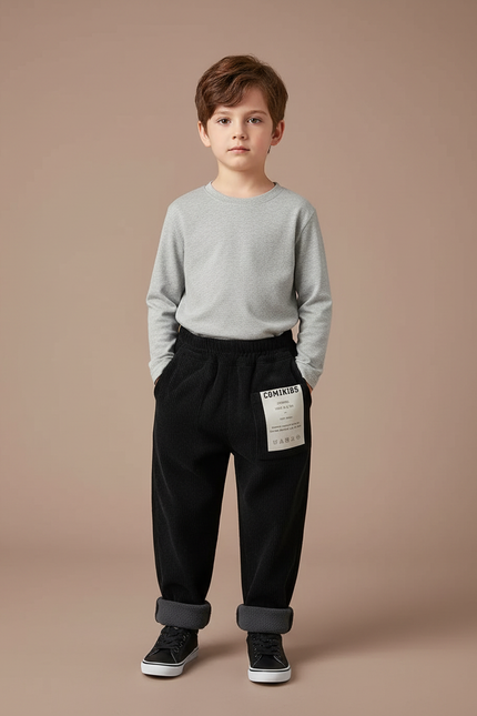 Pantalon Noir Côtelé Ample Élastique Chaud Enfant - Cordé