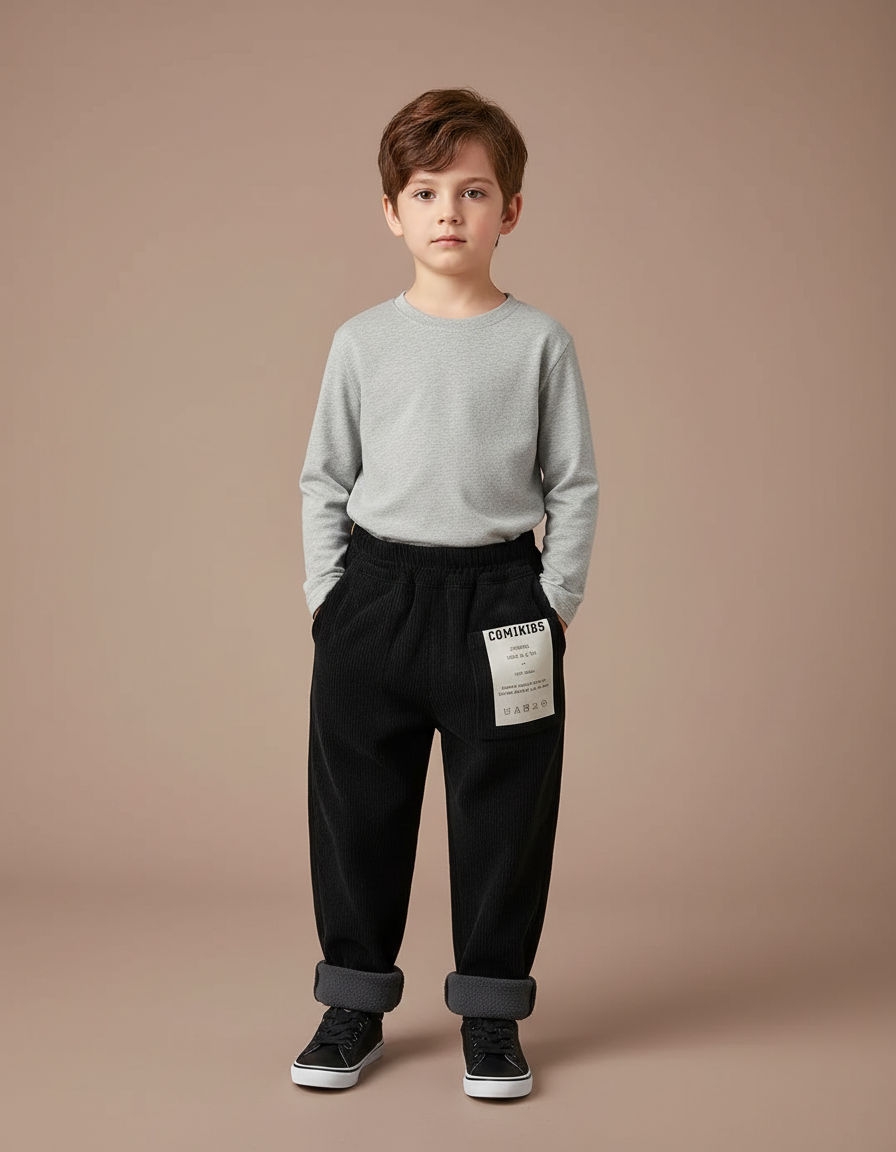 Pantalon Noir Côtelé Ample Élastique Chaud Enfant - Cordé