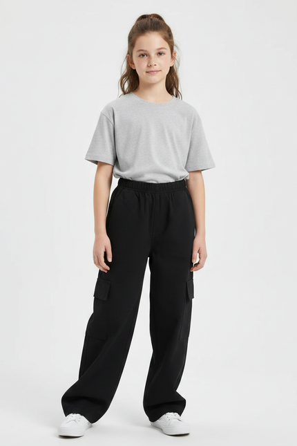 Pantalon Noir Cargo Ample Coton Fille - Molleton