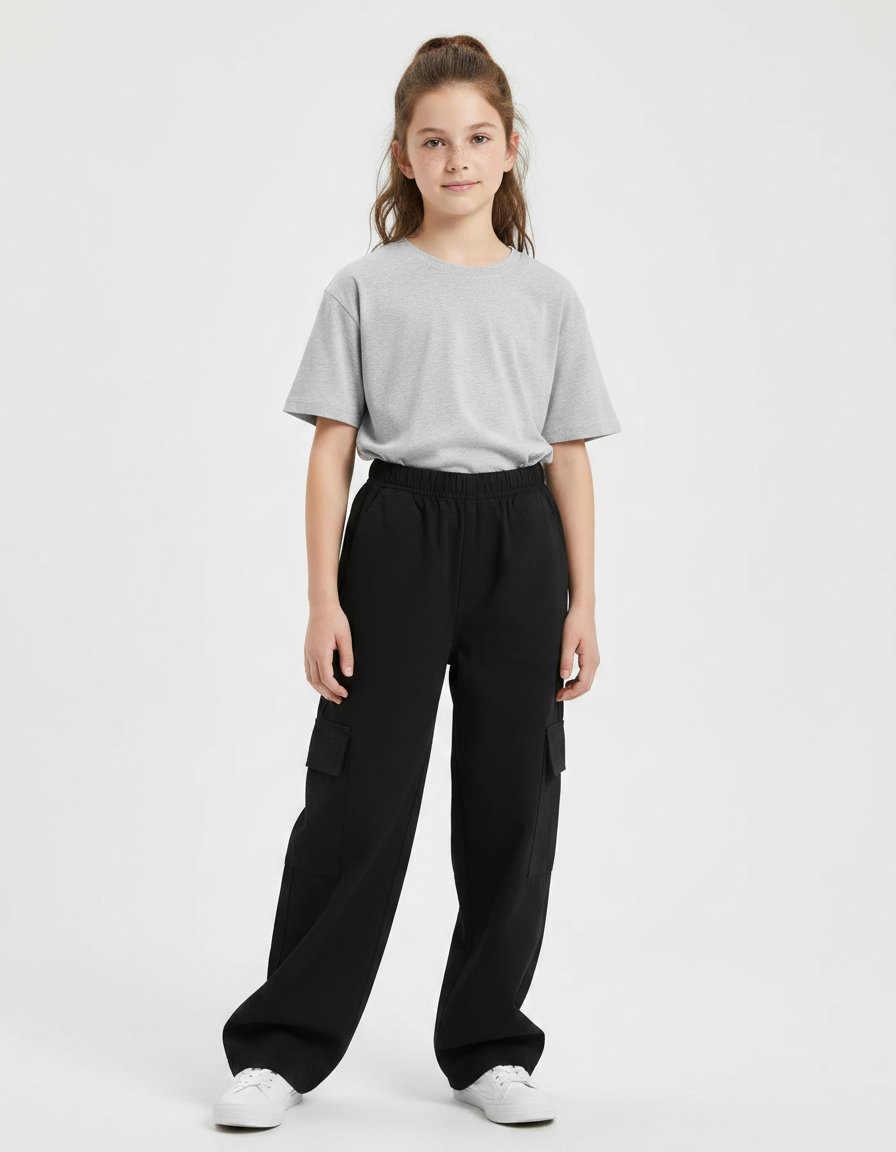Pantalon Noir Cargo Ample Coton Fille - Molleton