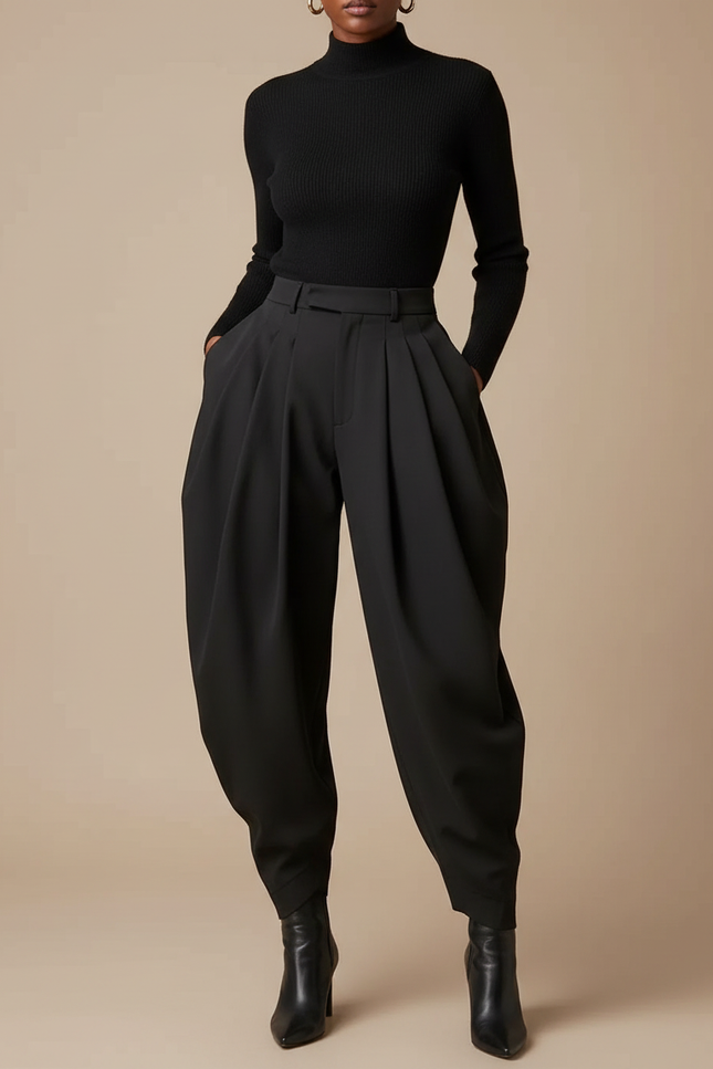 Pantalon Noir Plissé Ample Taille Haute Élégant Femme - Polyester