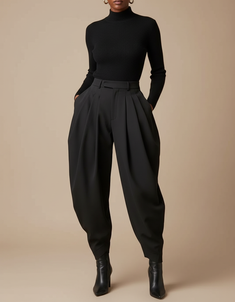 Pantalon Noir Plissé Ample Taille Haute Élégant Femme - Polyester