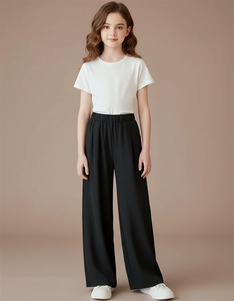 Pantalon Noir Ample Fluide Fille Été - Viscose