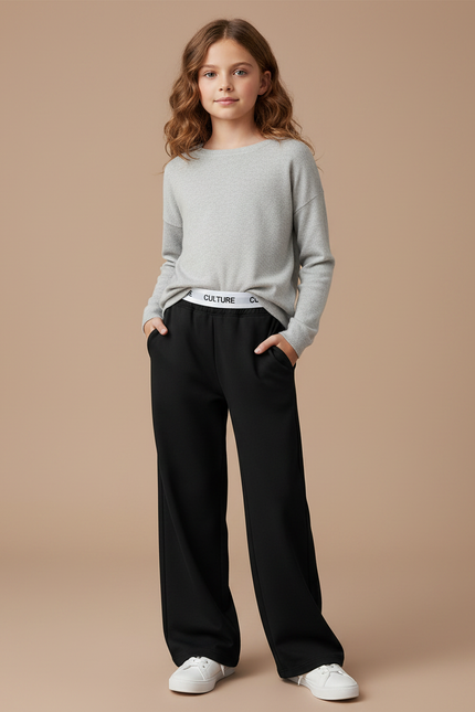 Pantalon Noir Ample Élastique Bande Culture Confortable Fille - Molleton