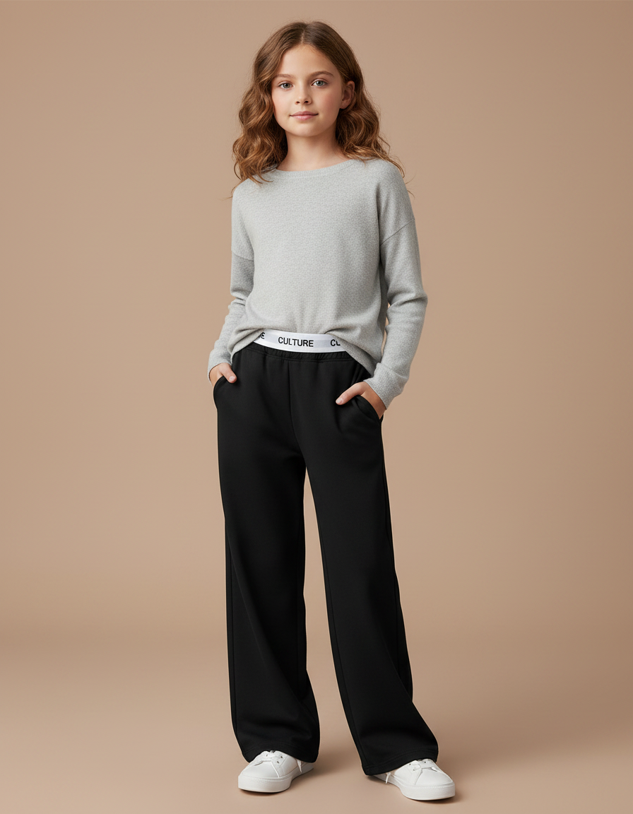 Pantalon Noir Ample Élastique Bande Culture Confortable Fille - Molleton