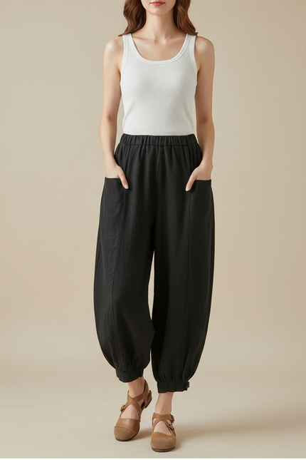 Pantalon Barrel Noir Femme - Lin