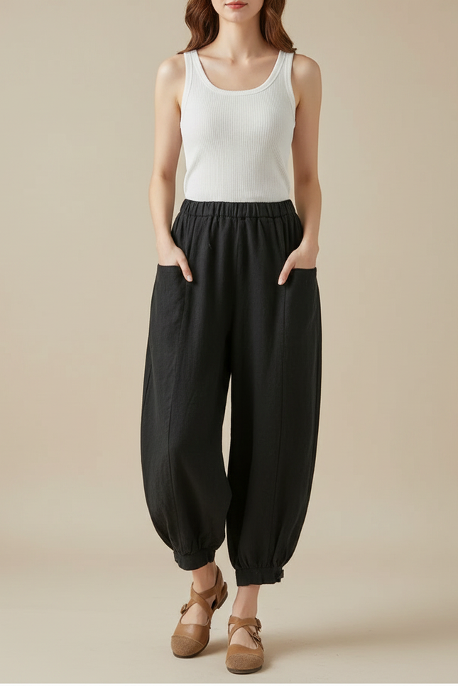 Pantalon Barrel Noir Femme - Lin