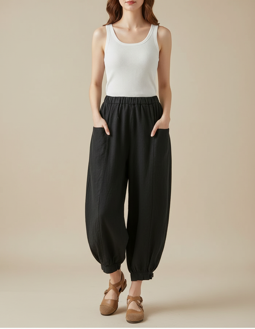 Pantalon Barrel Noir Femme - Lin