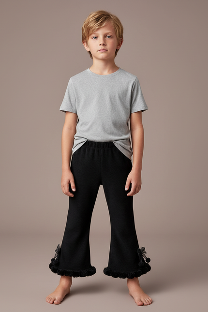 Pantalon Noir Côtelé Évasé Nœuds Pompons Fille - Maille
