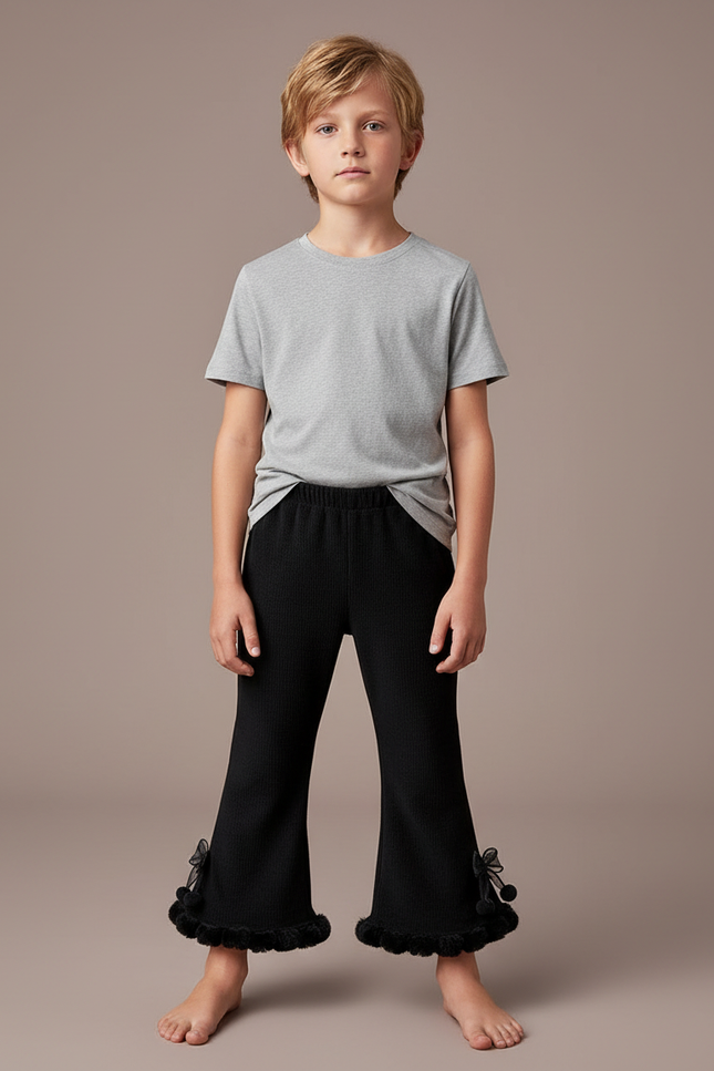 Pantalon Noir Côtelé Évasé Nœuds Pompons Fille - Maille