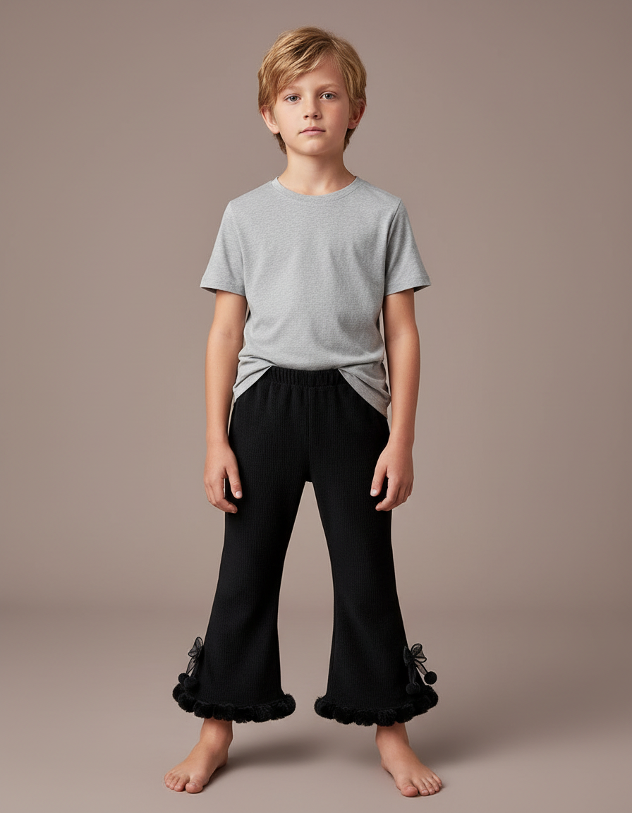Pantalon Noir Côtelé Évasé Nœuds Pompons Fille - Maille