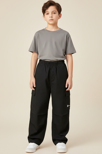 Pantalon Noir Cargo Ample Garçon Décontracté Coton - Toile