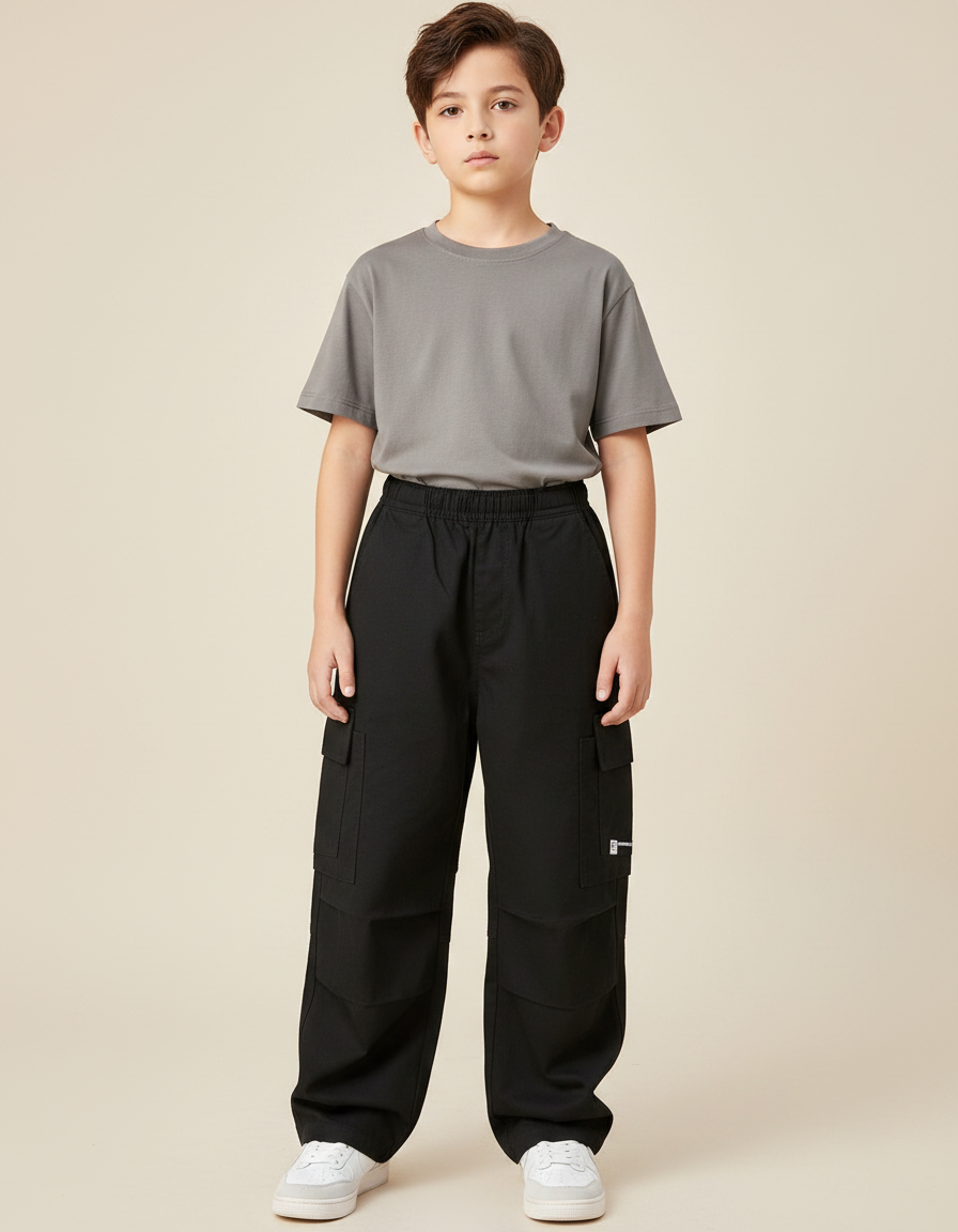 Pantalon Noir Cargo Ample Garçon Décontracté Coton - Toile
