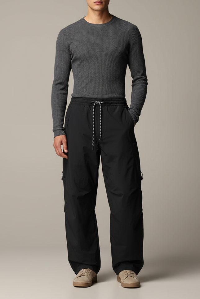 Pantalon Noir Cargo Ample Sportif Homme - Polyester