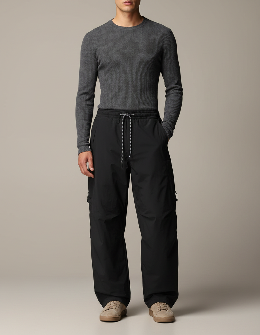 Pantalon Noir Cargo Ample Sportif Homme - Polyester