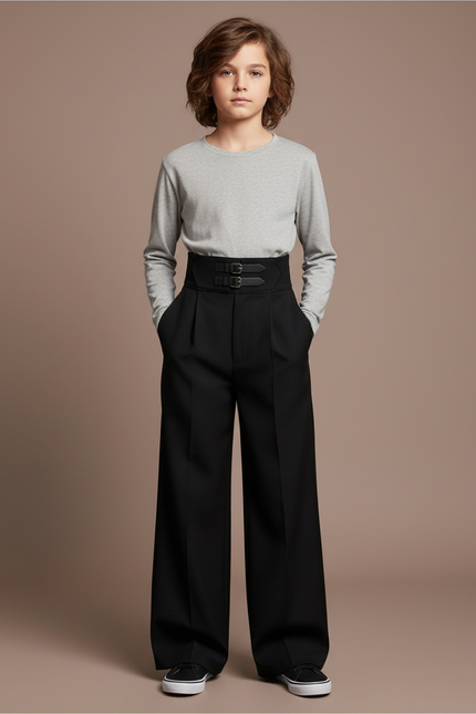 Pantalon Noir Ample Taille Haute Décontracté Enfant - Gabardine