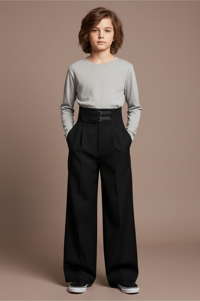 Pantalon Noir Ample Taille Haute Décontracté Enfant - Gabardine