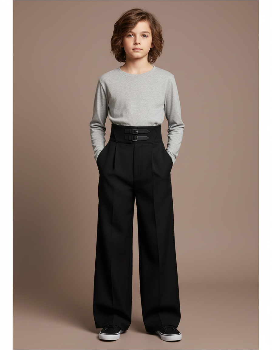 Pantalon Noir Ample Taille Haute Décontracté Enfant - Gabardine