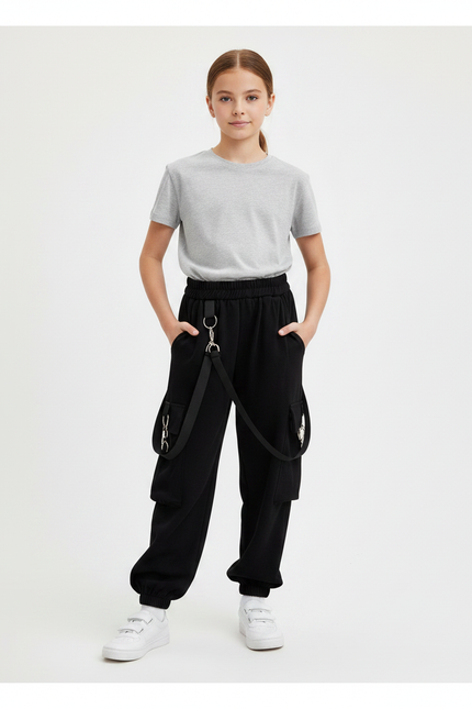 Pantalon Noir Cargo Ample Streetwear Fille Décontracté - Molleton