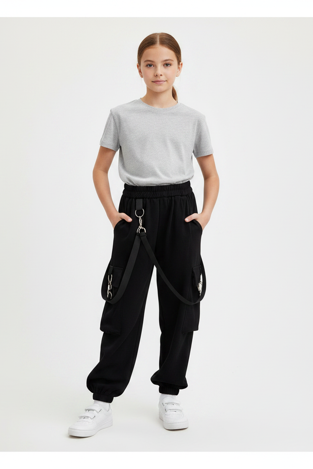 Pantalon Noir Cargo Ample Streetwear Fille Décontracté - Molleton