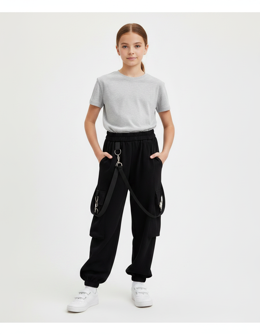 Pantalon Noir Cargo Ample Streetwear Fille Décontracté - Molleton