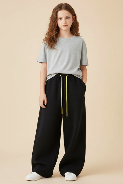 Pantalon Noir Ample Décontracté Fluide Sportif Fille - Molleton