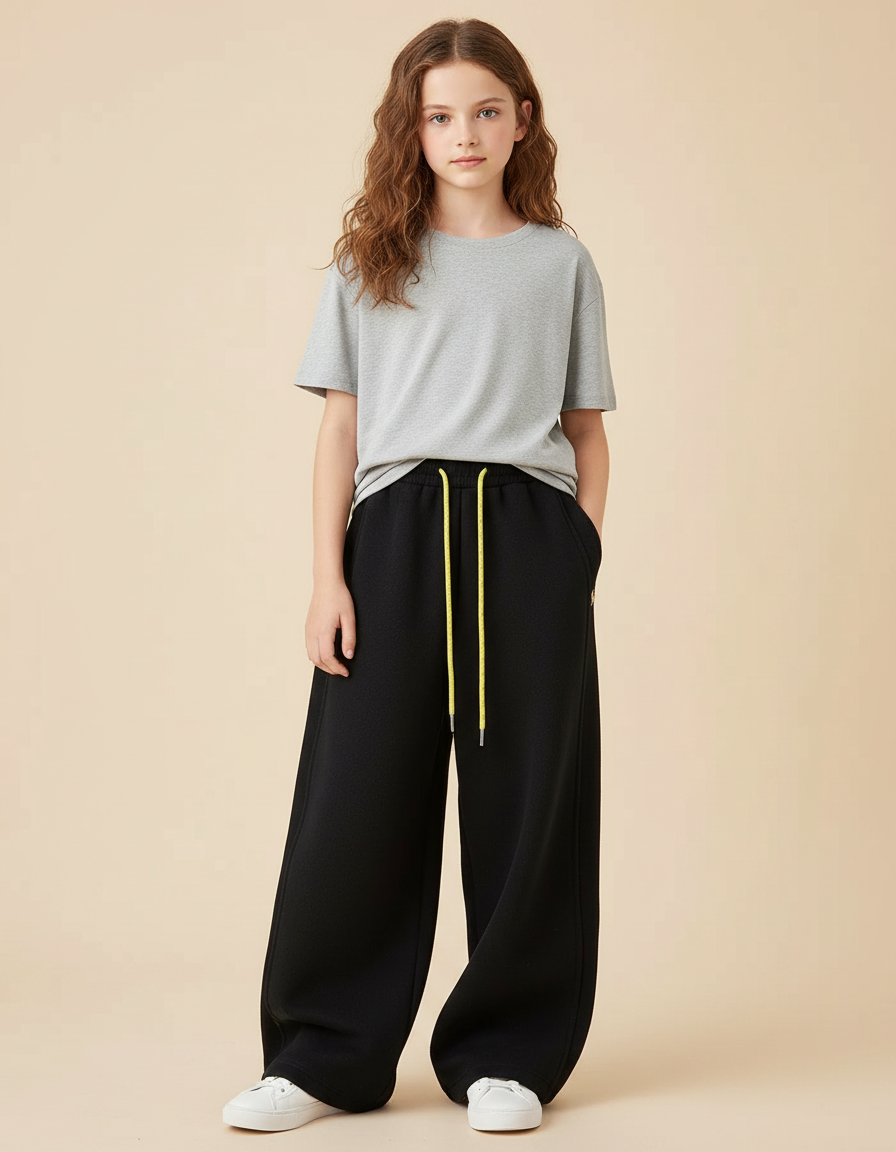 Pantalon Noir Ample Décontracté Fluide Sportif Fille - Molleton