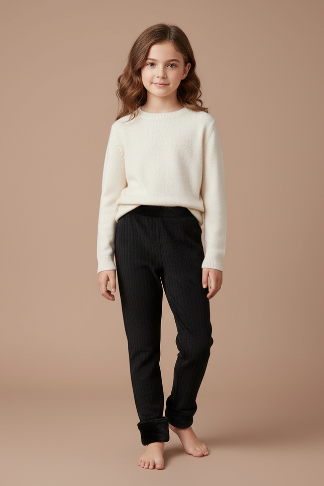 Pantalon Noir Côtelé Doublé Polaire Fille Hiver - Maille