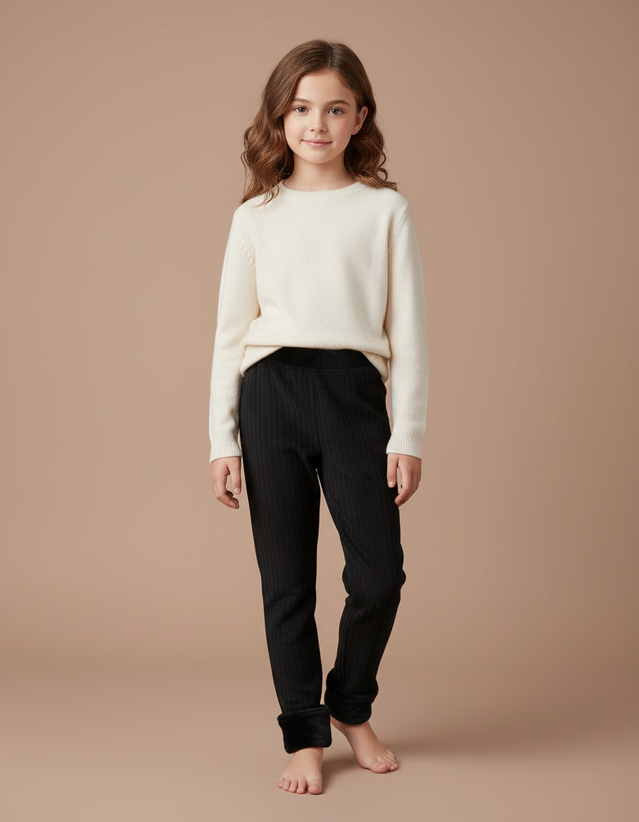 Pantalon Noir Côtelé Doublé Polaire Fille Hiver - Maille