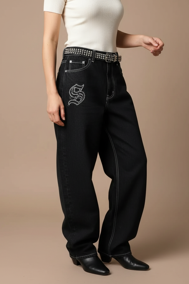 Pantalon Noir Jeans Ample Brodé Streetwear Femme