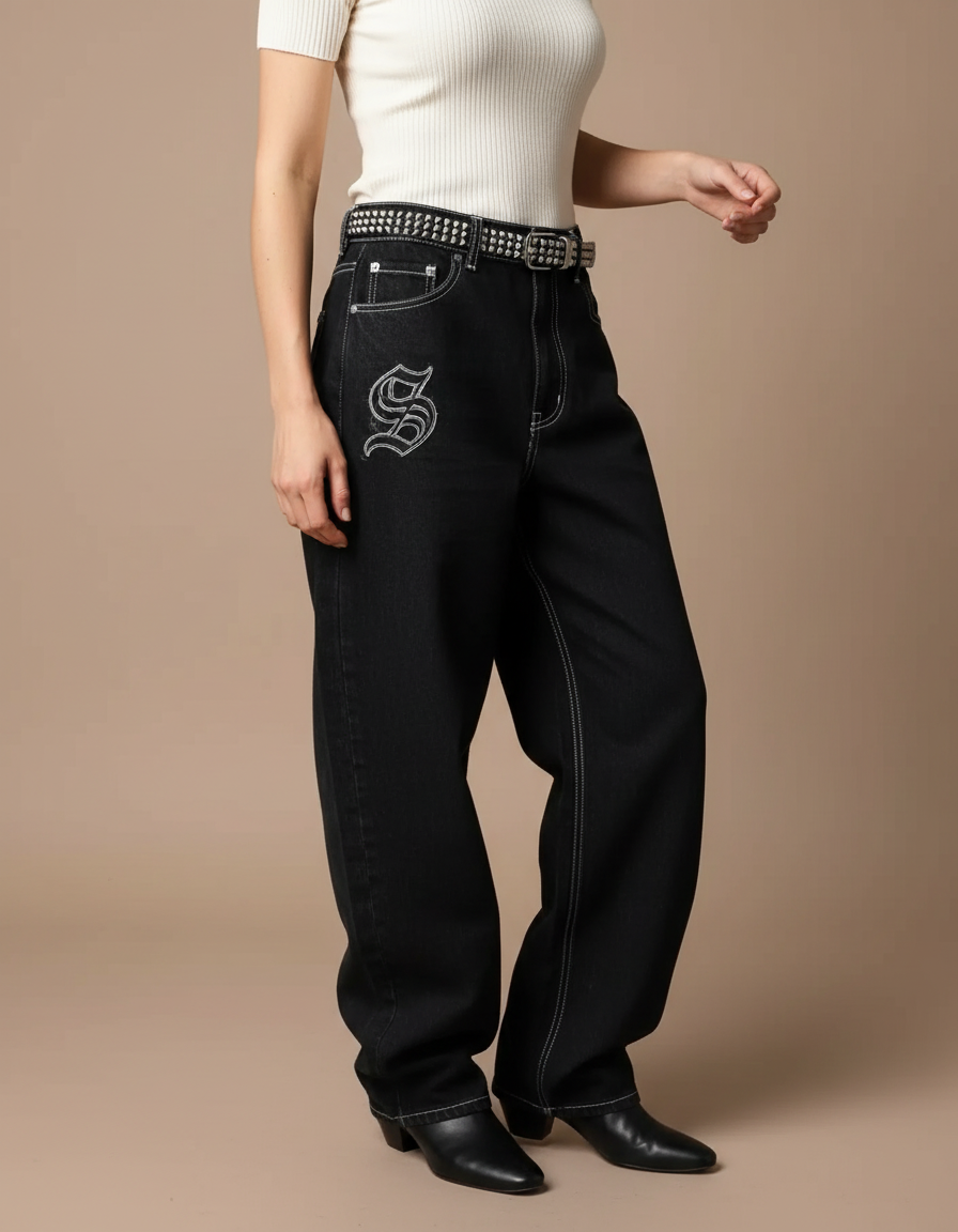 Pantalon Noir Jeans Ample Brodé Streetwear Femme