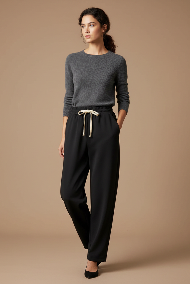 Pantalon Noir Fluide Ample Décontracté Cordon - Polyester