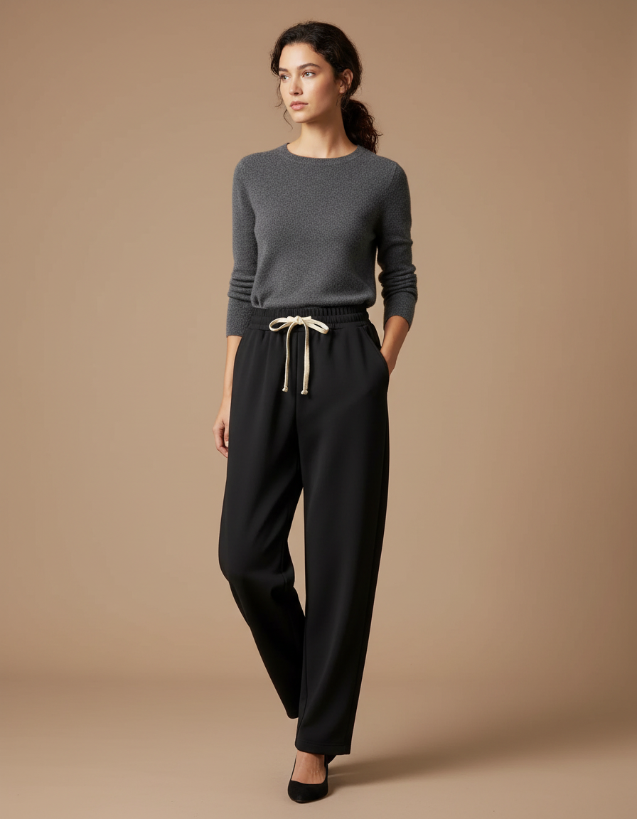 Pantalon Noir Fluide Ample Décontracté Cordon - Polyester